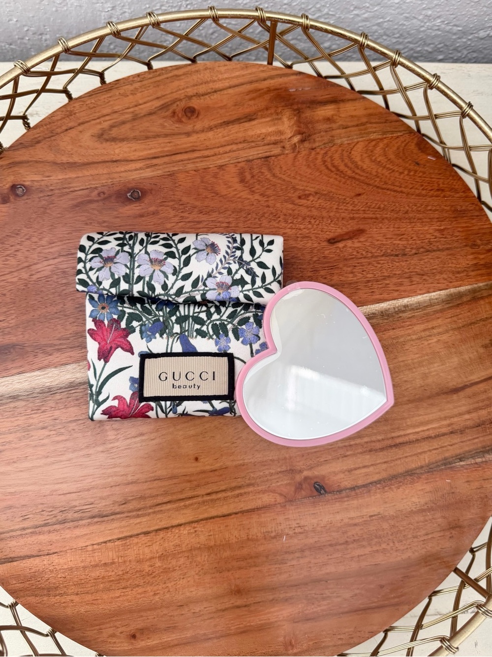 Gucci Floral Pouch with Pink Heart Mirror